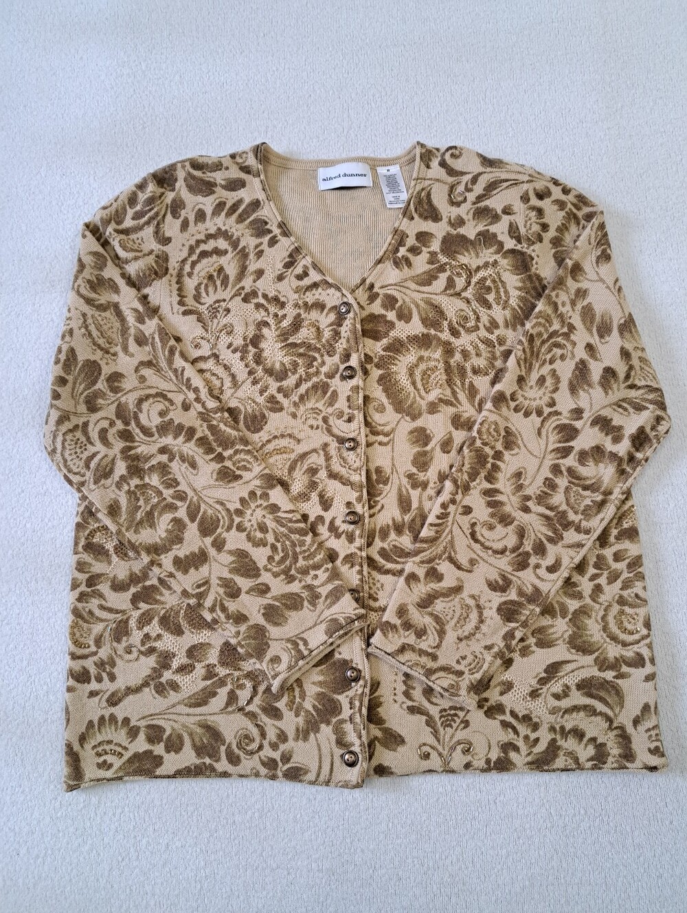 Alfred Dunner Beige Cardigan Beaded Floral  Medium Vintage Sweater Wool Blend